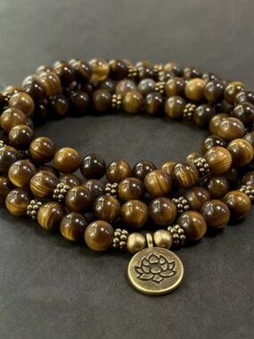 Beautiful Semi-precious Tiger's Eye & Brass Bead Stretch Mala Necklace/Bracelet